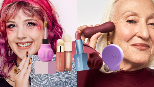 Accessible beauty collage featuring an older femme person and a younger femme person with bright pink hair. Products featured include ByStorm Beauty, Rare Beauty, Kosas, Tilt beauty, and Human Beauty