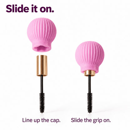 Two steps to fit a pink ByStorm Betty grip onto a mascara: line up the cap, then slide the grip on