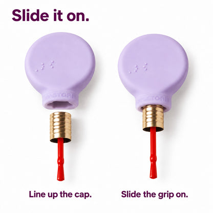 Two steps to fit a lilac ByStorm Margie grip onto a nail polish bottle: line up the cap, then slide the grip on