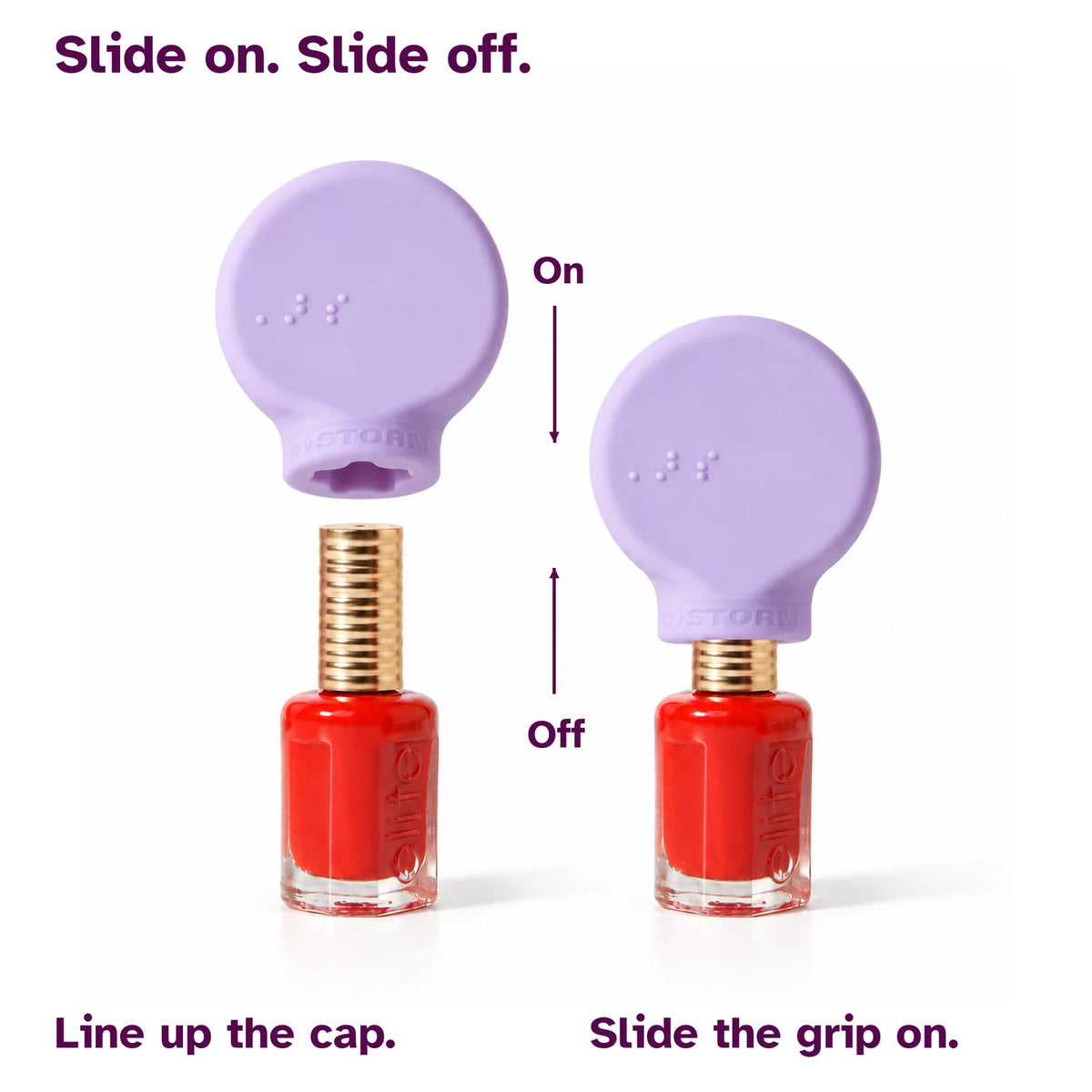 Lilac ByStorm Margie grip sliding on and off a red nail polish bottle. Text reads slide on, slide off: line up the cap, then slide the grip on