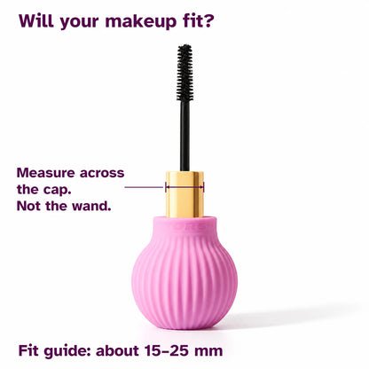 Pink ByStorm Betty grip on a mascara with the cap width arrowed. Text reads will your makeup fit: measure across the cap, not the wand, about 15 to 25 mm