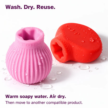 Pink Betty and red Margie ByStorm grips covered in water droplets. Text reads wash, dry, reuse: warm soapy water, air dry, then move to another compatible product