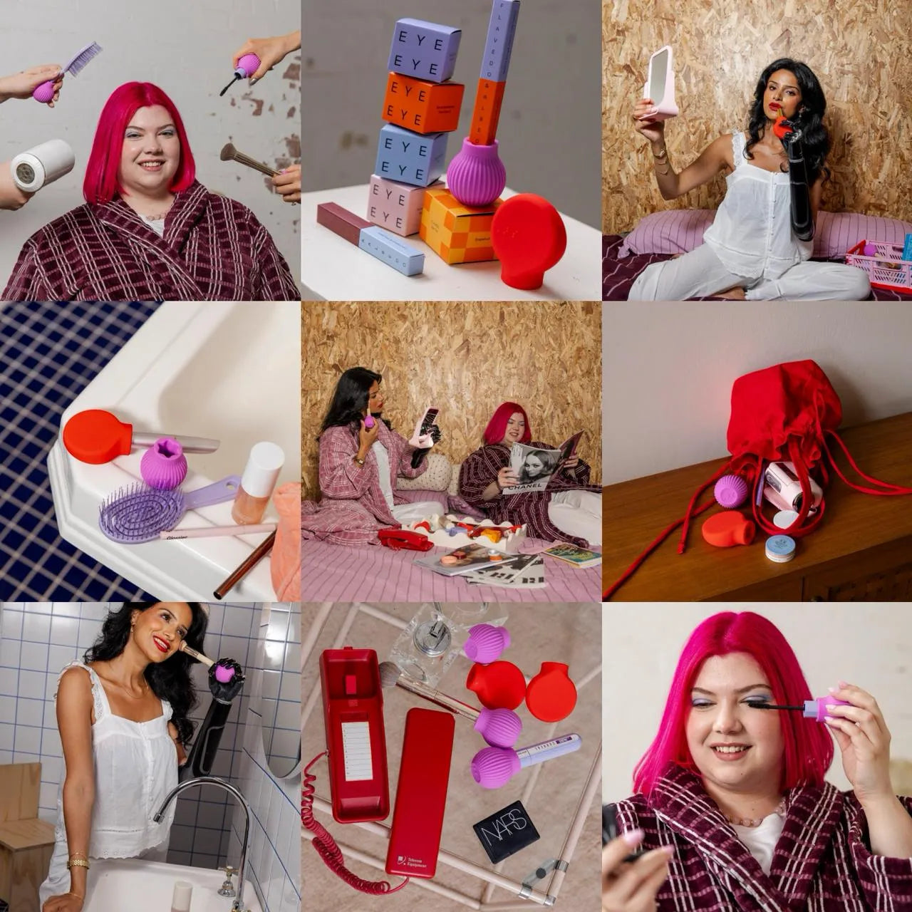 A collage of beauty and lifestyle scenes. Two women with vibrant hair and stylish robes are shown enjoying self care routines, using beauty products. Bright accessories include a red pouch, colorful beauty tools, and ByStorm grip tools in pink and red color. The tone is playful and vibrant.