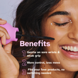 A smiling person uses ByStorm’s Betty, a pink-handled, disability-friendly mascara tool. Benefits: gentle on sore wrists, offers more control with less mess, and works with your favorite products so no need to switch.