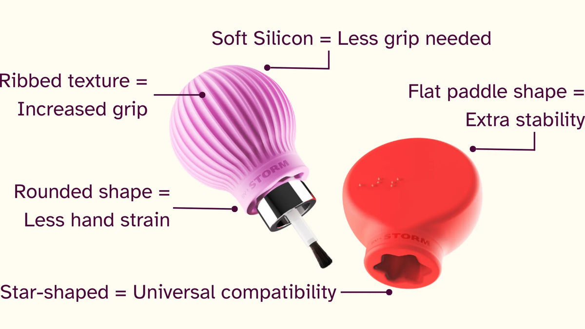 Two ByStorm grip tool, one pink and ribbed attached to a nail polish, the other smooth and red, are set on a neutral background.