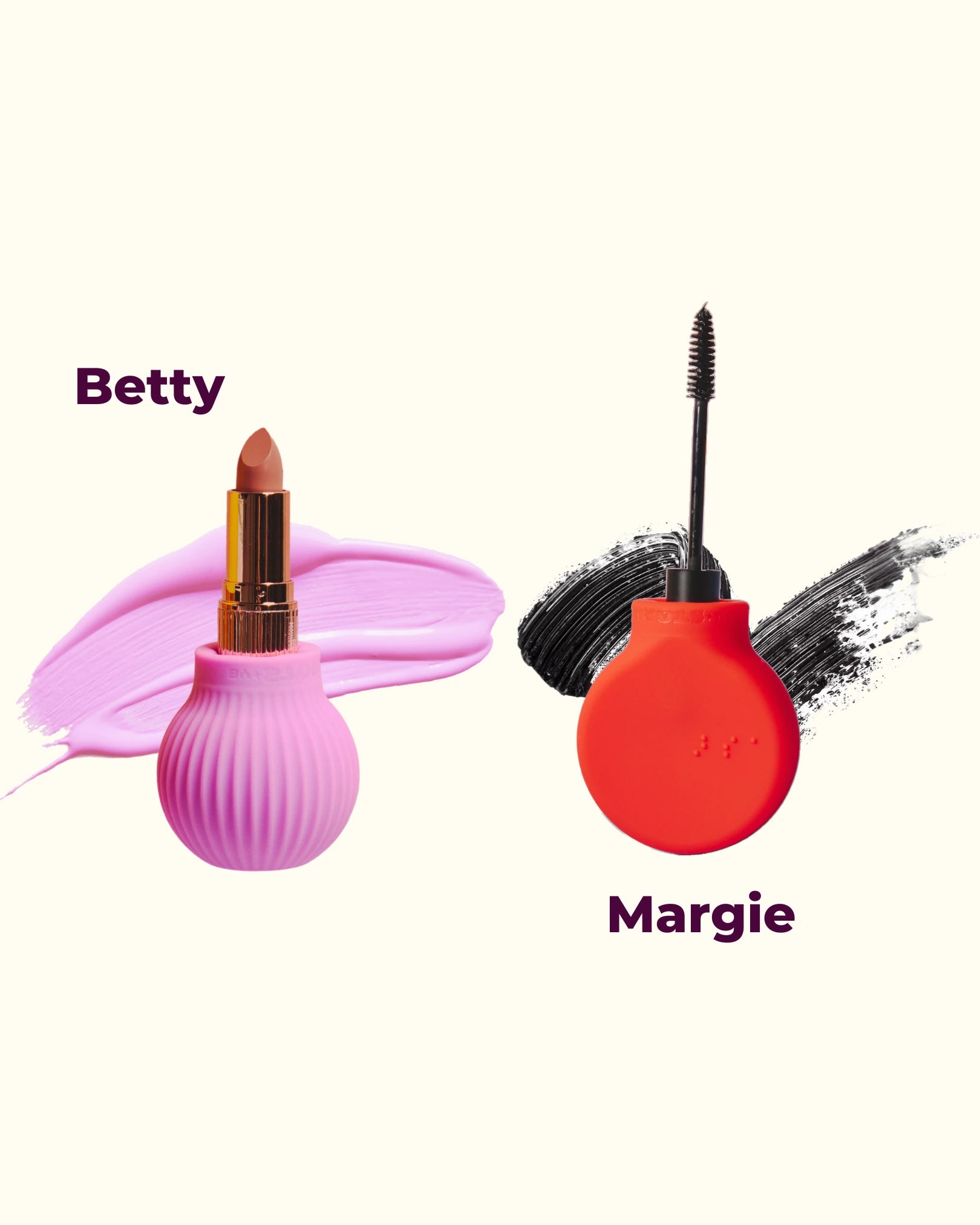 Two makeup products labeled 'Betty' and 'Margie' on a white background.