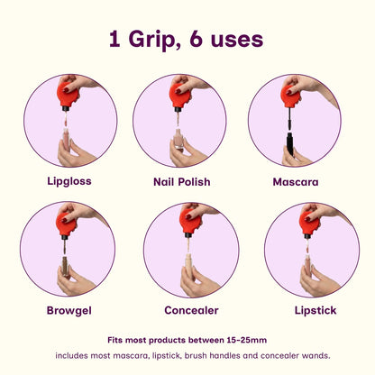 An infographic showing a red ByStorm Grip fitted into six different product tubes, including lipgloss, nail polish, mascara, browgel, concealer, and lipstick. Text reads: Fits most products between 15 and 25 mm, including most mascara, lipstick, brushes, brush handles, and concealer wands. 