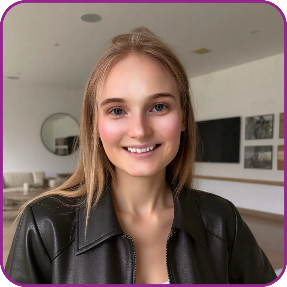 Woman with blonde hair and a black leather jacket in a modern living room.