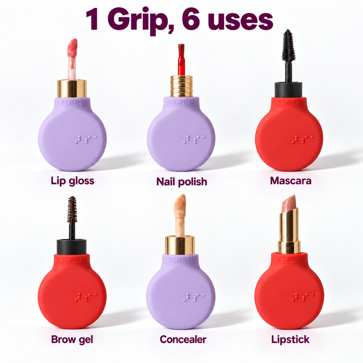 One ByStorm Margie grip, six uses: lip gloss, nail polish, mascara, brow gel, concealer and lipstick, shown in lilac and red