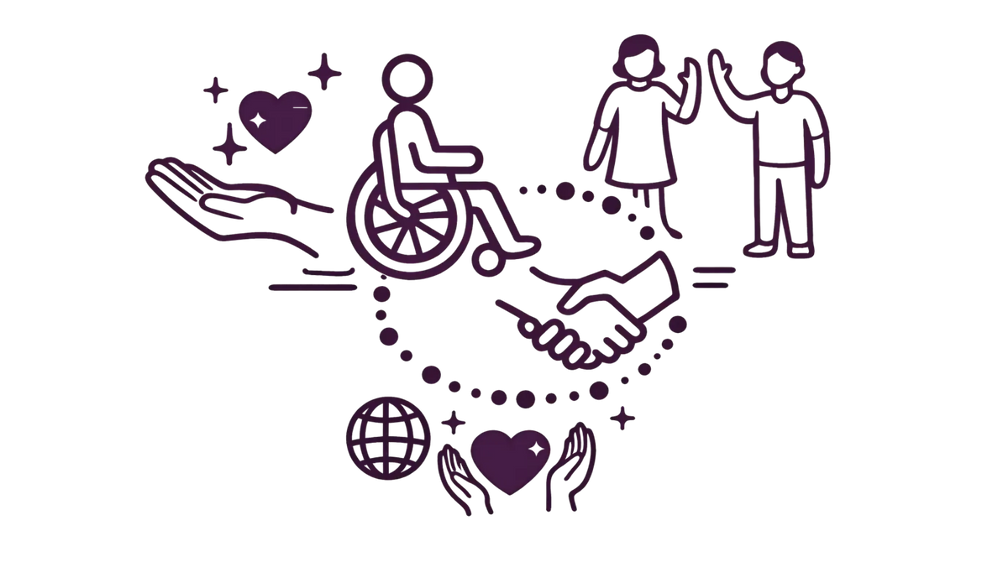 A person in a wheelchair, hands shaking, and a globe symbol, surrounded by hearts and hands, on a black background, symbolizing unity and support.