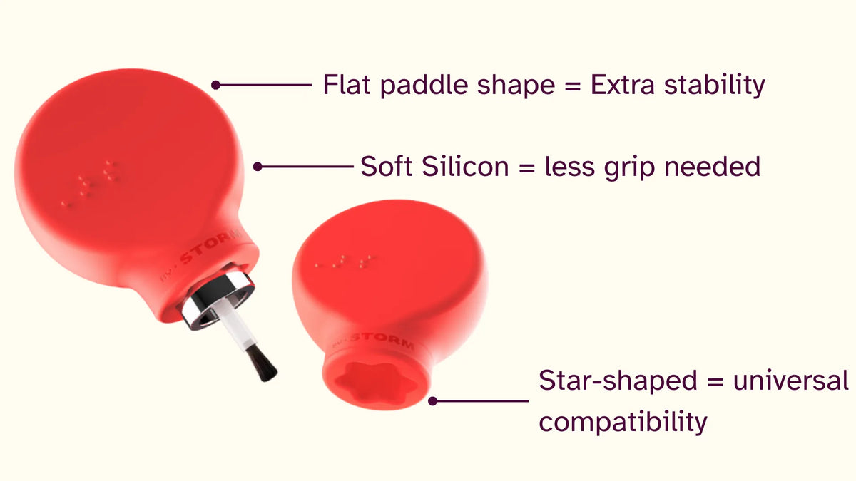 Two smooth and red silicon ByStorm grip tool, are set on a neutral background.