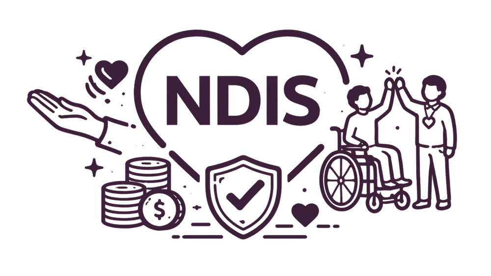 Illustration featuring "NDIS" inside a heart. Elements include a high five, a protective shield, coins, a hand holding a heart, and a person in a wheelchair.