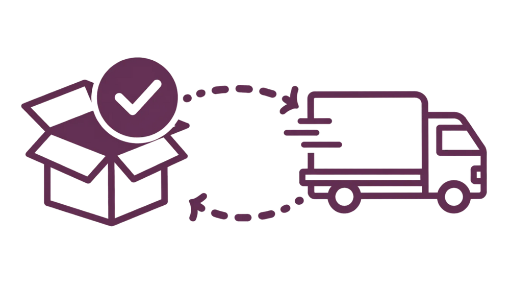 An icon of a cardboard box with a checkmark, connected by dashed arrows to a delivery truck, symbolizing completed shipment on a black background.