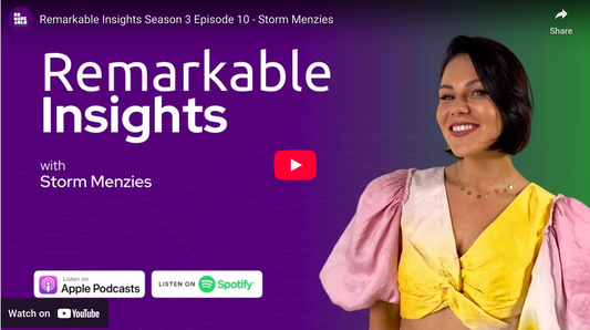 A smiling woman in a yellow and pink top appears on the right with Storm Menzies - Taking The Beauty Industry By Storm by ByStorm on a purple background. Apple Podcasts and Spotify buttons highlight the brands inclusive beauty message.