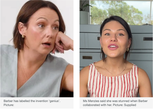 Split image: Left, Celeste Barber looks stunned while discussing ByStorm’s new invention; right, a woman with dark hair in a striped dress smiles in front of a cabinet and window. Product: ‘Holy sh*t’: Celeste Barber stunned by 30yo Aussie’s new invention.