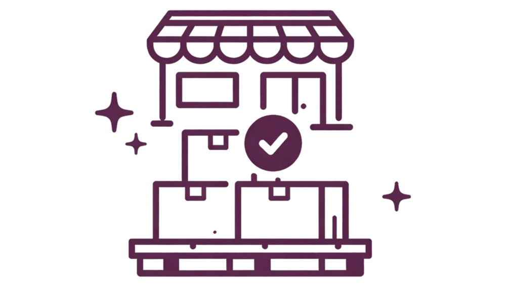 A purple icon on a black background features a storefront with an awning, multiple packages, and a checkmark, symbolizing efficient delivery.