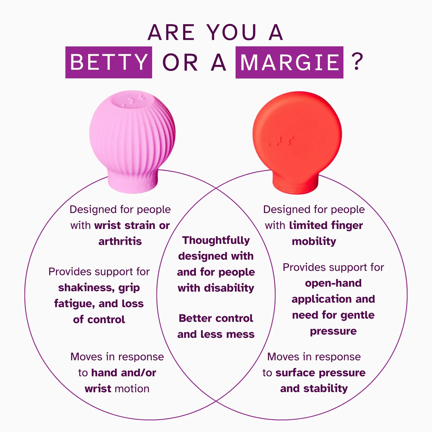 ByStorm Betty and Margie adaptive makeup grip tools — Betty (pink) designed for wrist strain and arthritis, Margie (red) designed for limited finger mobility, both thoughtfully designed for people with disability for better control and less mess.