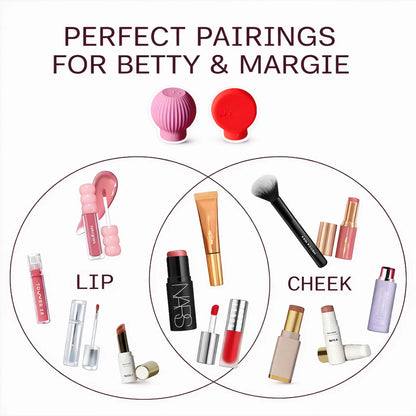 ByStorm Betty and Margie adaptive makeup grip tools paired with lip gloss, lipstick, blush brushes and cheek products in a Venn diagram