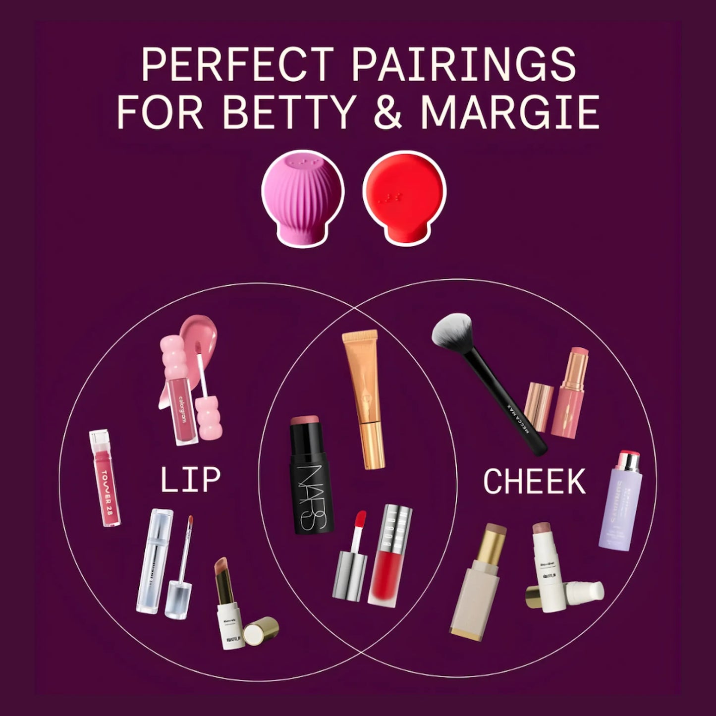 Perfect pairings for ByStorm accessible makeup grip tools, showing lip and cheek makeup products paired with ByStorm's Margie and Betty.