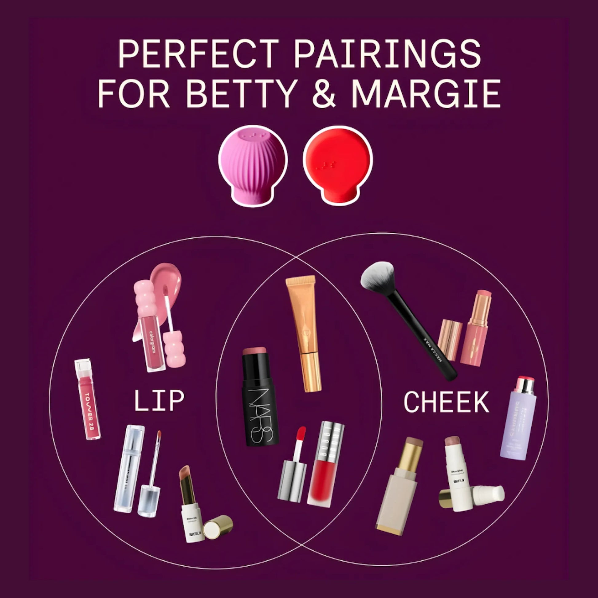 Perfect pairings for ByStorm accessible makeup grip tools, showing lip and cheek makeup products paired with ByStorm's Margie and Betty.