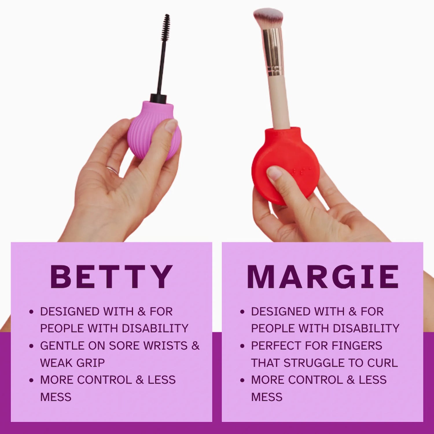 ByStorm Betty pink and Margie red accessible adaptive makeup grips holding mascara and brush
