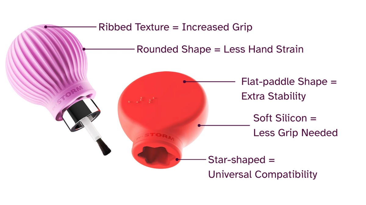 ByStorm Betty pink and Margie red accessible makeup grips with nail polish product shot