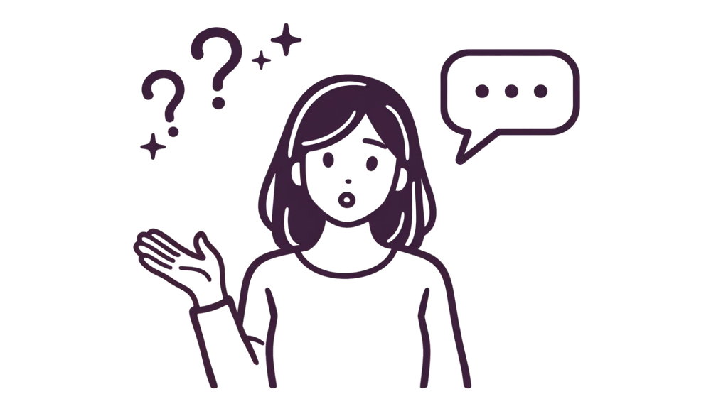 A purple line drawing of a confused woman on a black background. She has a speech bubble with ellipses and question marks around her head.