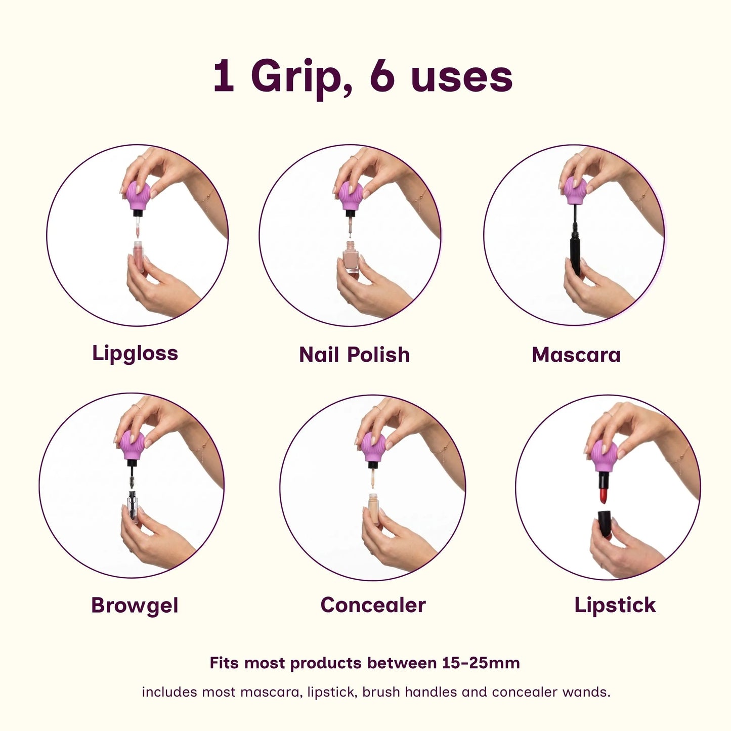 An instructional graphic showing six circular usage examples of a pink nail applicator with a black tip, labeled Lipgloss, Nail Polish, Mascara, Browgel, Concealer, and Lipstick. Text at the top reads '1 Grip, 6 uses' and text at the bottom says it fits most products between 15-25mm.