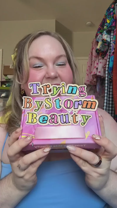 A video product review of ByStorm Beauty Betty and Margie being tested on different makeup like lipstick and mascara wand.